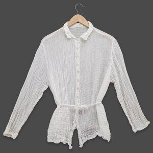 Krista Larson Blouse Womens White Open Weave Linen Gauze Long Sleeve Tie Size OS